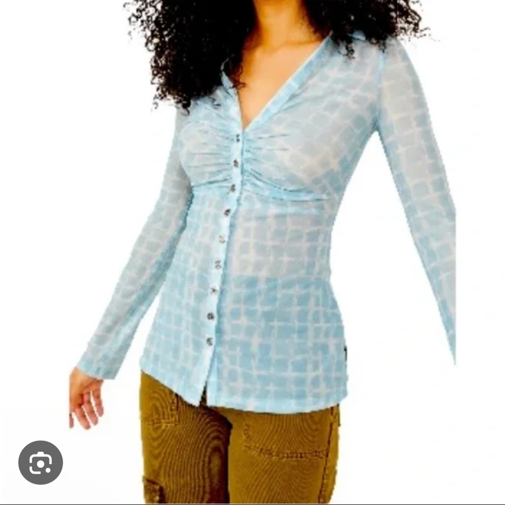 Chic Free people Light Blue/Aqua Ruched Button-Down Shirt